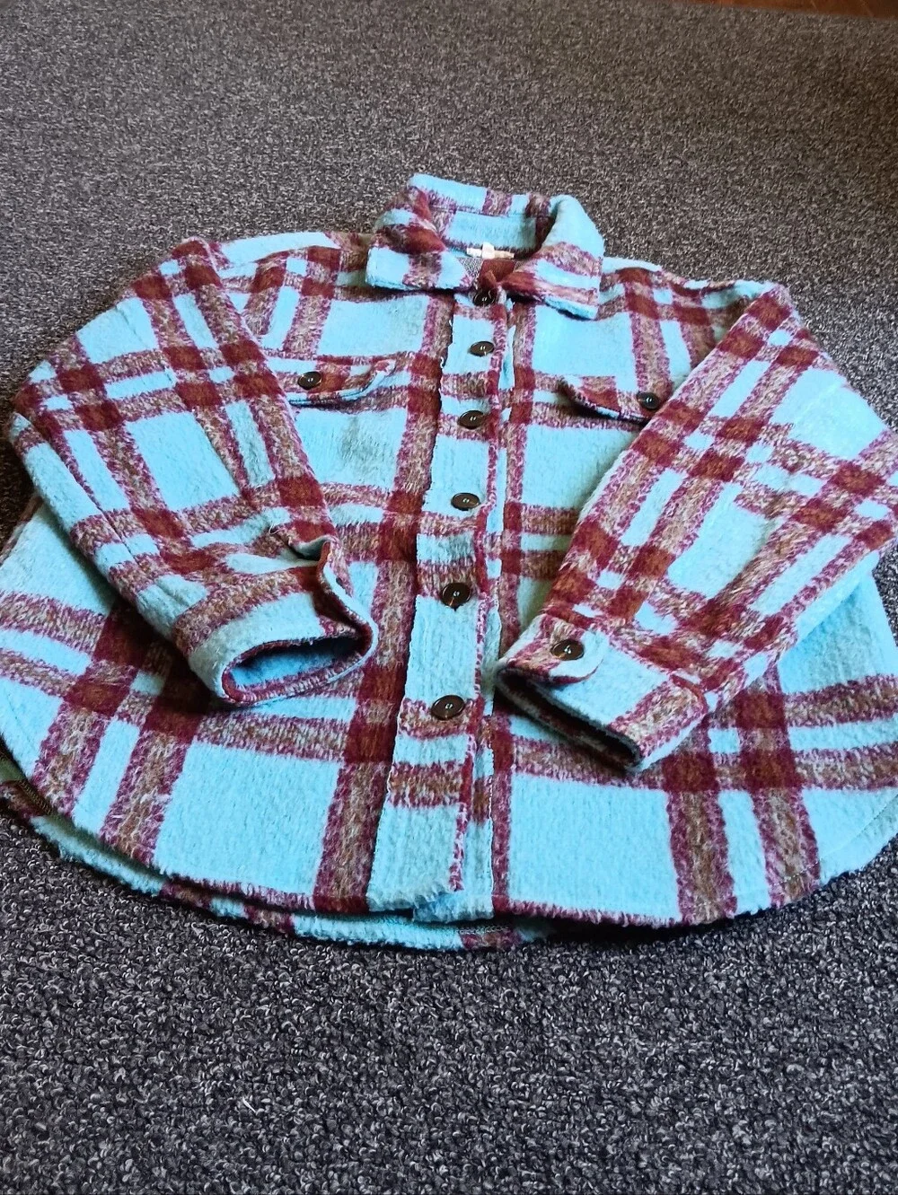 La Miel Turquoise & Burgundy Plaid Button Up Shacket Size Small, Rugged Chore